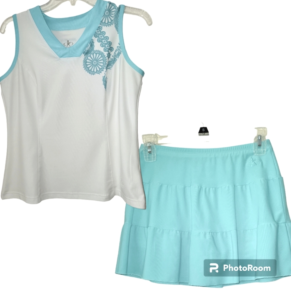 Tennis Apparel skort/top 2 piece set by Balle de Match, XS/S, White/Teal, GUC